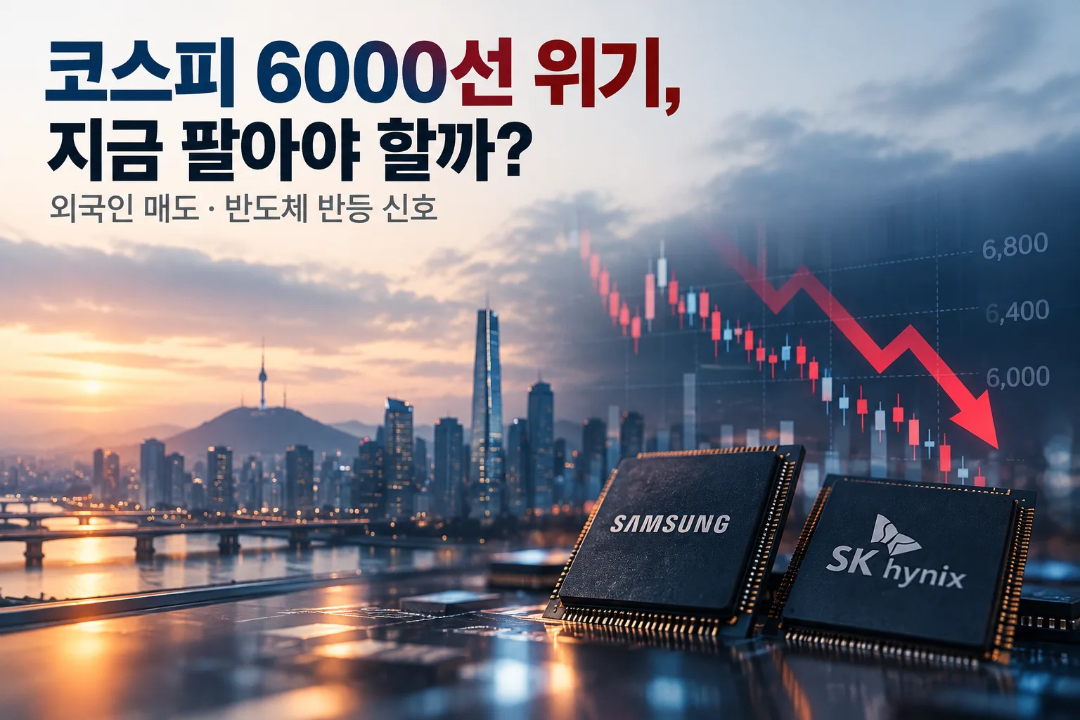 코스피 6000선 위기와 외국인 매도, 삼성전자&middot;SK하이닉스 반도체주 하락 및 반등 신호를 표현한 이미지