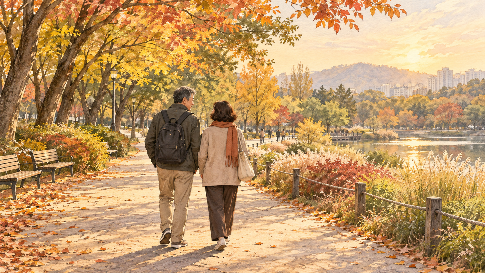 늦은 오후 가을빛이 비치는 공원 산책로를 중장년 부부가 천천히 걷는 일러스트