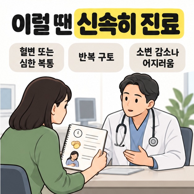 혈변 또는 심한 복통과 반복 구토, 소변 감소나 어지러움을 진료 신호로 제시하고 기록지를 의료진에게 보여 주는 상담 장면