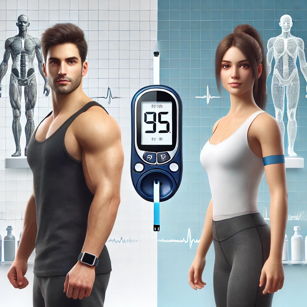 남성과 여성이 있는 사진에 혈당측정기가 있는 사진