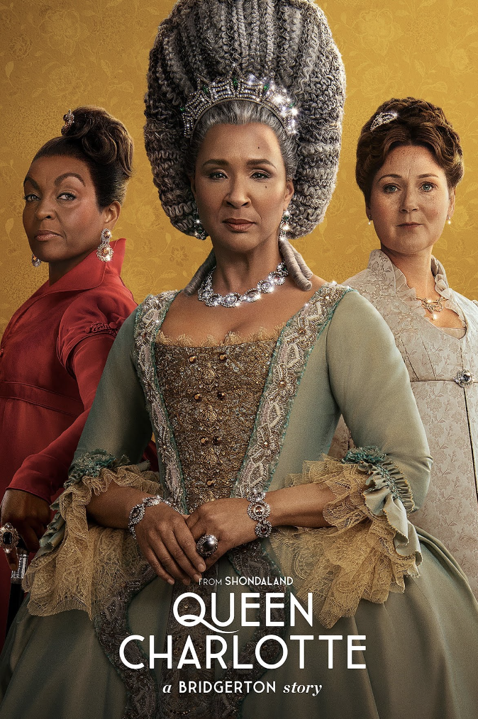 중앙의-샬럿-왕비와-왼쪽에-서있는-레이디-덴버리-오른쪽에-서있는-레이디-바이올렛-브리저튼