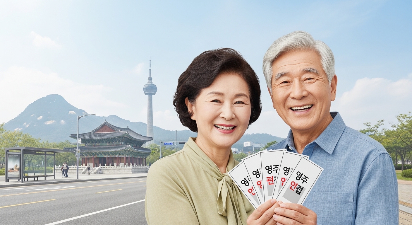 영주사랑상품권을 들고 미소 짓는 고령 부부, 안전하고 활기찬 영주시의 모습.