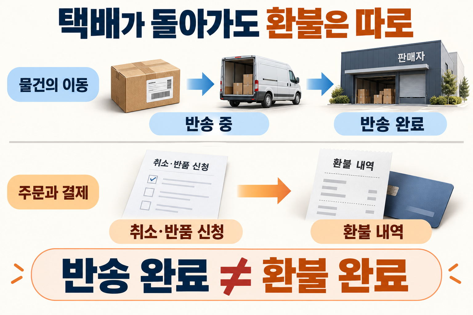 반송 중에서 반송 완료로 돌아가는 물건 이동과 취소·반품 신청 및 환불 내역을 별도로 표시한 비교 그림