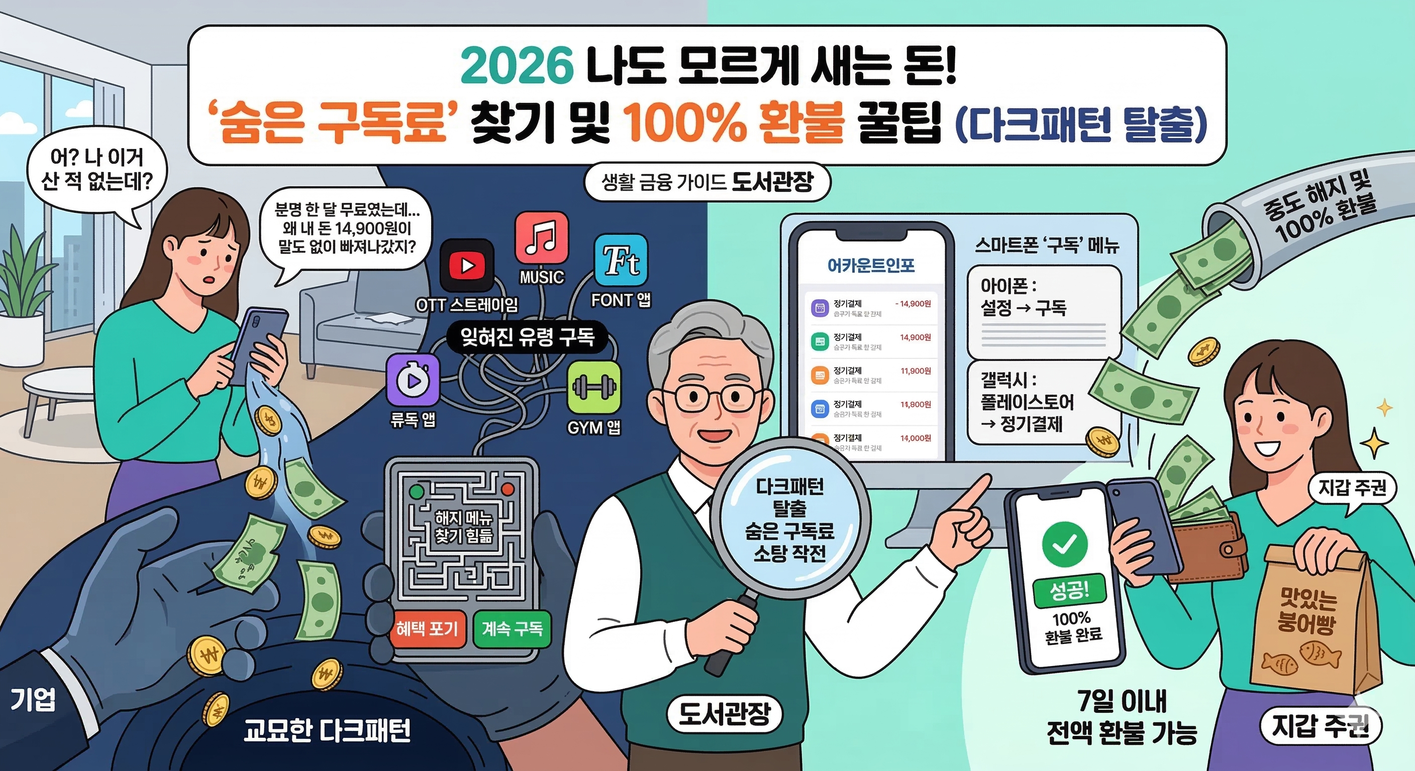 '숨은 구독료 찾기 및 100% 환불 꿀팁'을 주제로 한 정보성 인포그래픽 이미지입니다. 상단에는 **'2026 나도 모르게 새는 돈!'**이라는 제목이 크게 적혀 있습니다.
왼쪽 (문제 상황): 한 여성이 걱정스러운 표정으로 스마트폰을 보고 있으며, 휴대폰에서 돈이 쏟아져 나와 '기업'의 검은 손과 연결된 '교묘한 다크패턴' 늪으로 흘러 들어갑니다. 주변에는 OTT, 음악, 폰트, 운동 앱 등 '잊혀진 유령 구독' 아이콘들이 복잡한 선으로 꼬여 있으며, '해지 메뉴 찾기 힘듦'이라는 문구가 적힌 미로 형태의 스마트폰 화면이 보입니다.
중앙 (해결 가이드): 안경을 쓴 노인 캐릭터인 **'도서관장'**이 '다크패턴 탈출 숨은 구독료 소탕 작전'이라고 적힌 돋보기를 들고 있습니다. 그는 컴퓨터 화면에 띄워진 '어카운트인포' 내역과 스마트폰의 '구독 메뉴' 확인법(아이폰 및 갤럭시 설정법)을 손가락으로 가리키고 있습니다.
오른쪽 (결과): 여성이 밝은 표정으로 '성공! 100% 환불 완료'라는 초록색 체크 표시가 뜬 스마트폰을 들고 있습니다. 파이프를 통해 돈이 다시 그녀의 지갑으로 들어오고 있으며, 그녀는 절약한 돈으로 산 '맛있는 붕어빵' 봉투를 들고 행복해합니다. 하단에는 '7일 이내 전액 환불 가능'과 **'지갑 주권'**이라는 문구가 강조되어 있습니다.