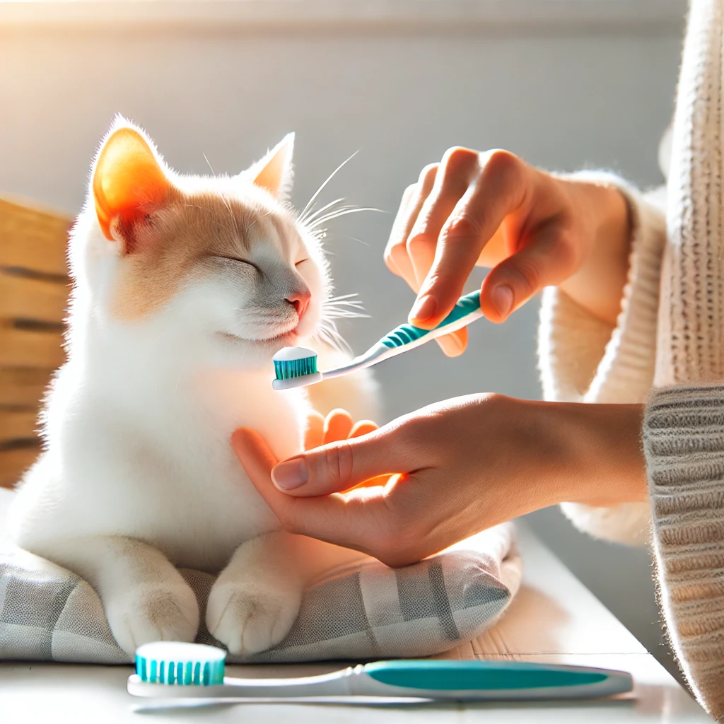 고양이가 앉아서 이를 닦는 모습