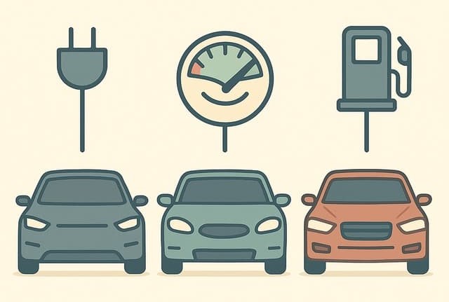 EV&middot;하이브리드&middot;내연기관 세 차량이 나란히 있고 각각 콘센트&middot;잇몸형 연비 게이지&middot;주유기 아이콘이 연결된 비교형 콜라주
