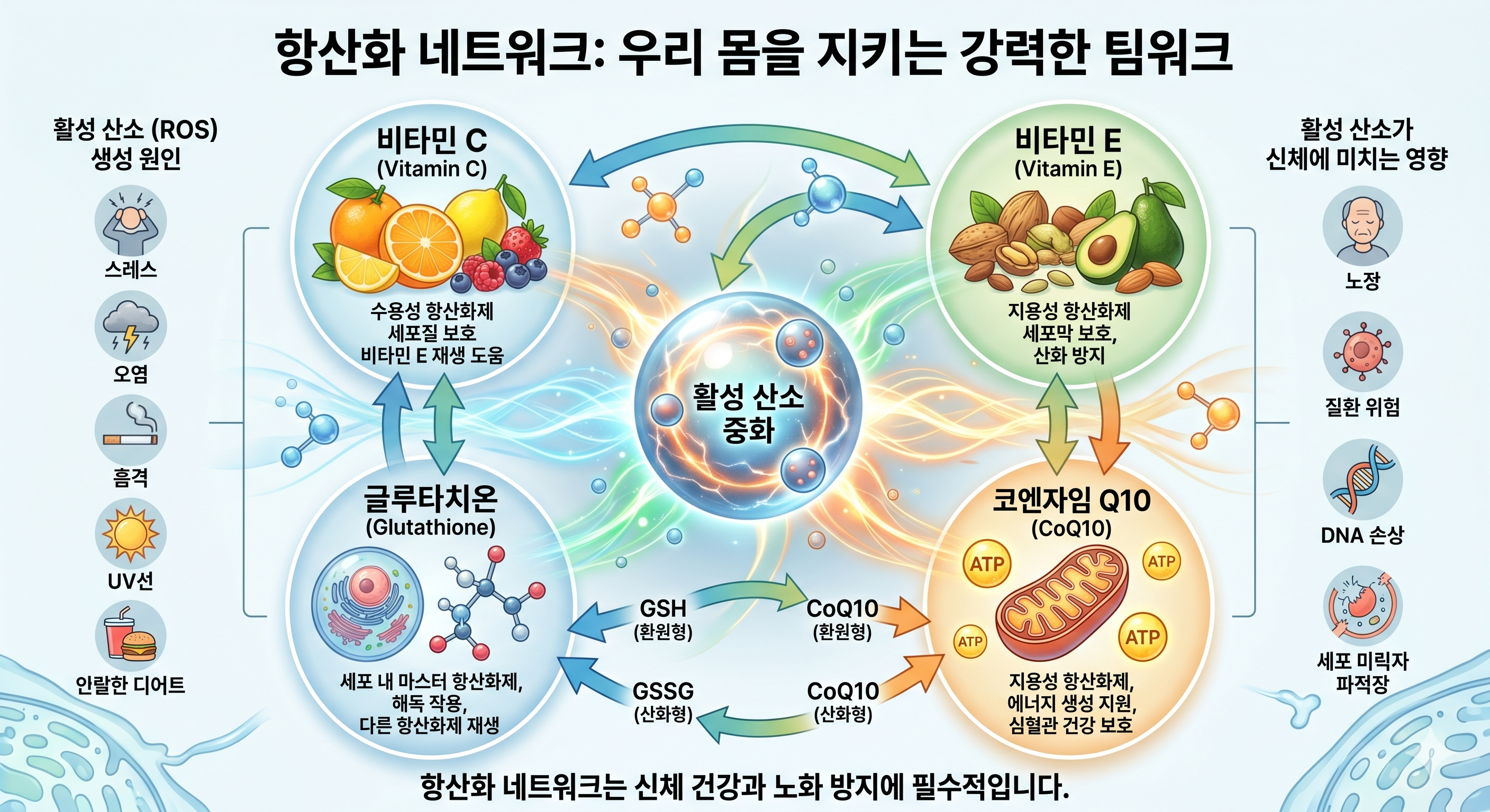 항산화 네트워크 &mdash; 비타민 C E 글루타치온 CoQ10 재생 사이클 상호 작용 내인성 외인성 항산화 시스템