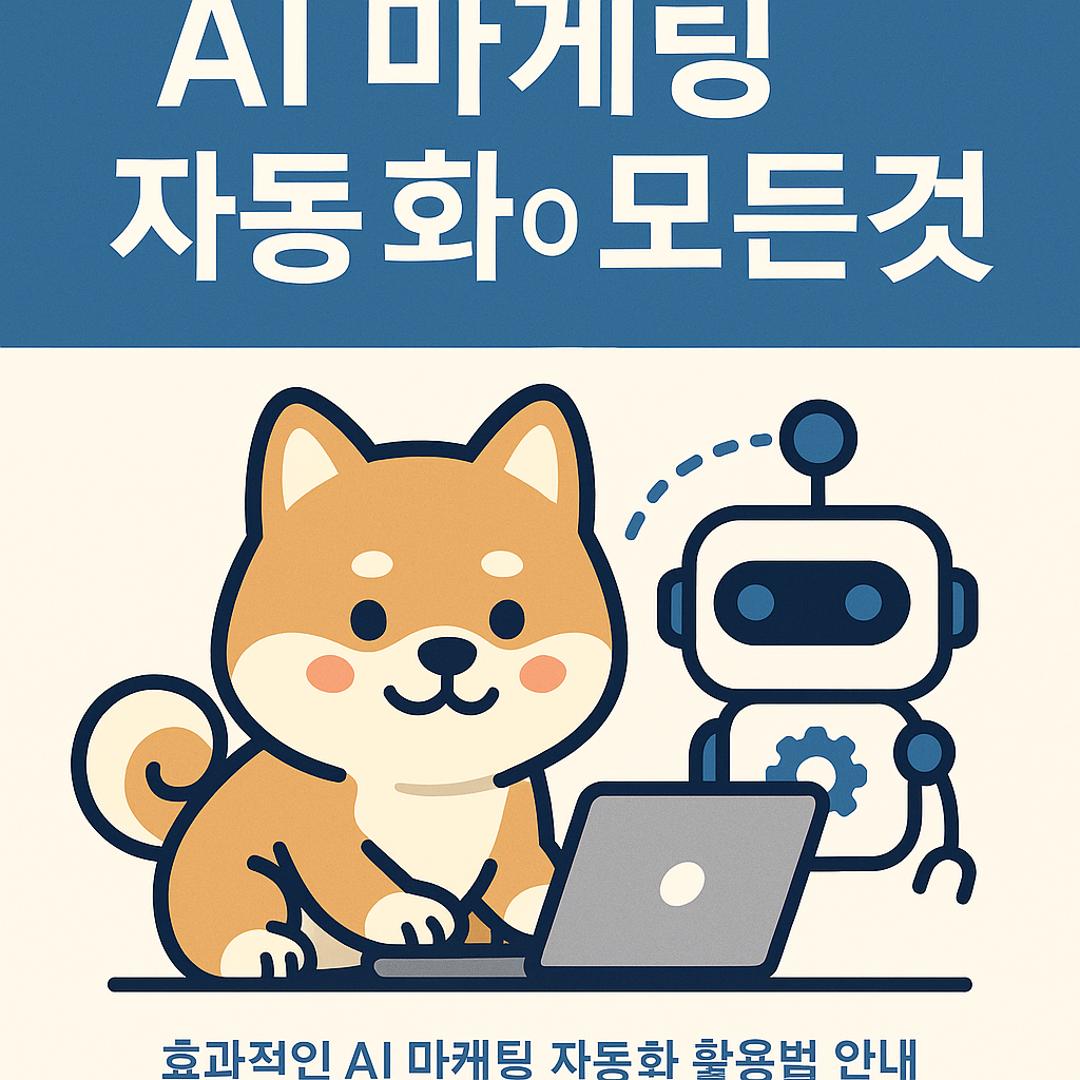 AI 마케팅 자동화를 활용해 노트북으로 작업하는 시바견과 로봇 일러스트