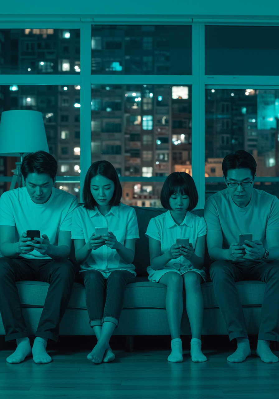한 집에 가족 네명이 소파에 앉아 있지만 모두 자기의 스마트폰을 보고 있는 부정적인 소통 이미지