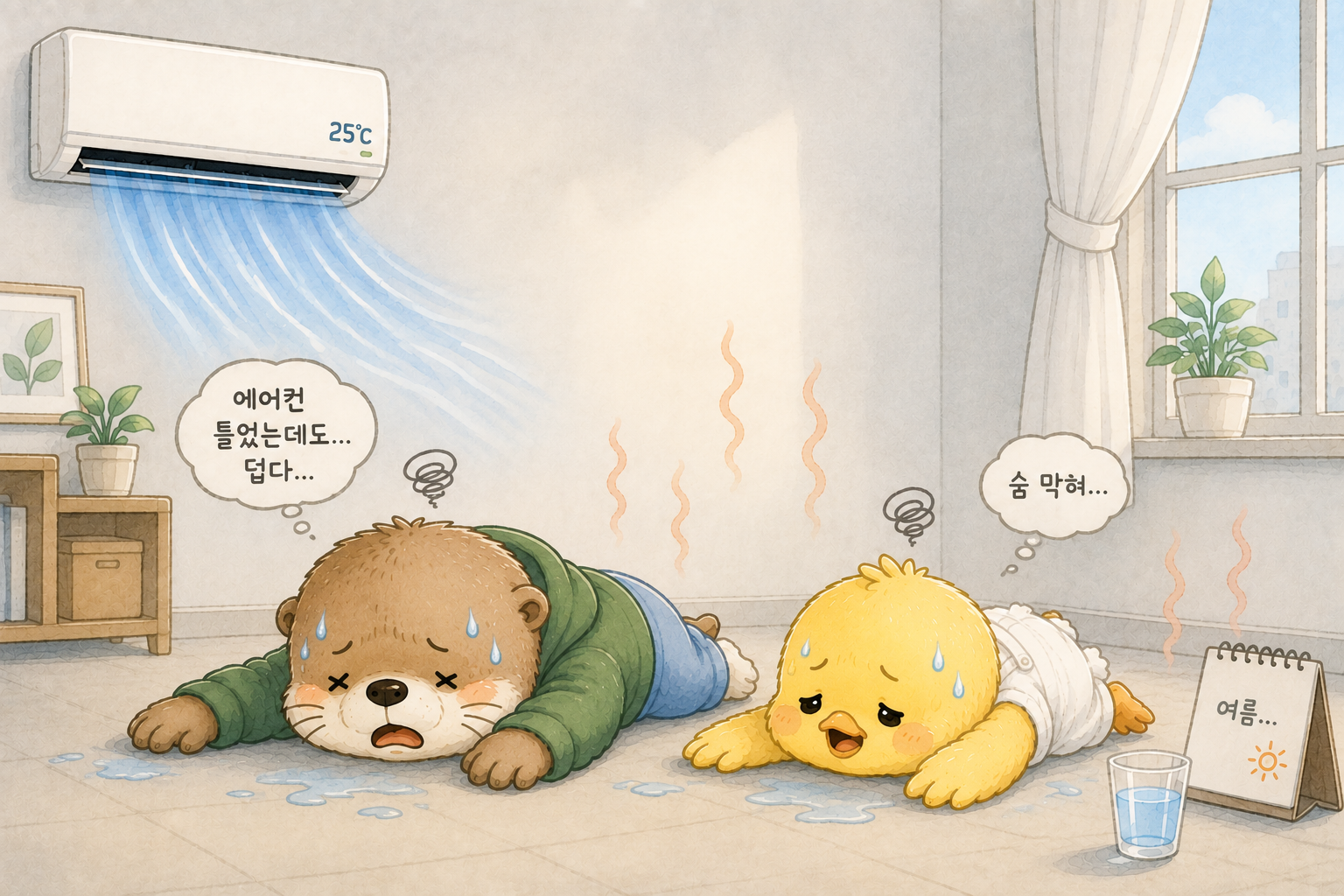 에어컨을 켰는데도 덥고 공기가 순환되지 않아 더운 상황 설명 이미지