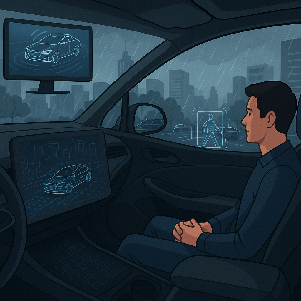 이 이미지는 자율주행차가 가상 시뮬레이션 환경에서 다양한 도로 상황을 학습하고 테스트하는 장면을 시각화한 디지털 일러스트입니다.
중앙의 자율주행 차량은 복잡한 도시형 도로 위에 위치해 있으며, 주변에는 시뮬레이션 요소를 상징하는 투명한 격자 구조, 센서 인식 시각화(붉은 감지선, 라이다 파형 등), 그리고 다양한 객체(보행자, 자전거, 신호등 등)가 배치되어 있습니다. 각 객체 주변에는 라벨이나 추적 경로가 표시되어, 차량이 학습 중임을 강조합니다.
배경은 도시의 주간과 야간, 맑음과 안개 같은 서로 다른 환경 조건이 나뉘어 표현돼 있어, 시뮬레이션 내 다양한 조건 테스트를 의미하며, 상단 클라우드와 데이터 전송 아이콘은 실시간 학습과 피드백 시스템을 상징합니다.
이 이미지는 자율주행차가 현실에 투입되기 전, 정교한 가상 환경에서 얼마나 복합적인 조건을 반복 학습하고 있는지를 직관적으로 보여주는 대표 시각 자료입니다.