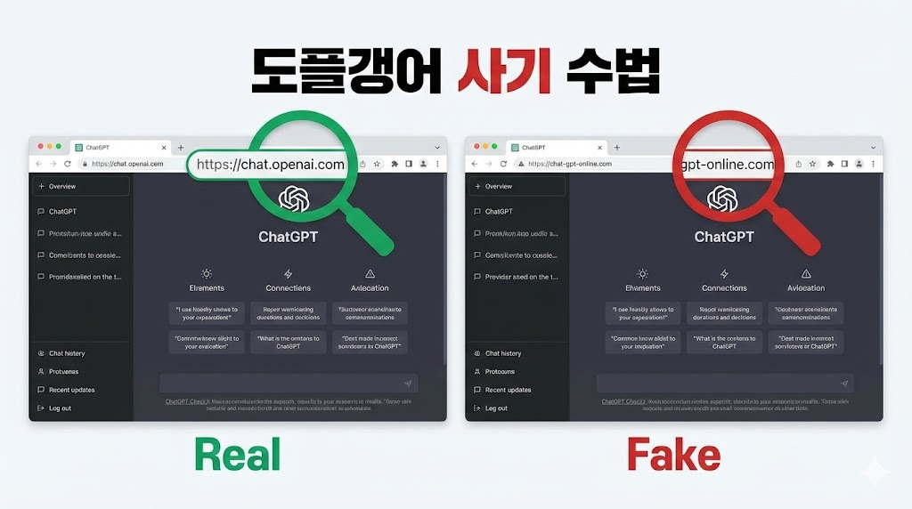 진짜 챗GPT 사이트와 가짜 사이트의 유사함과 URL 차이를 비교한 이미지