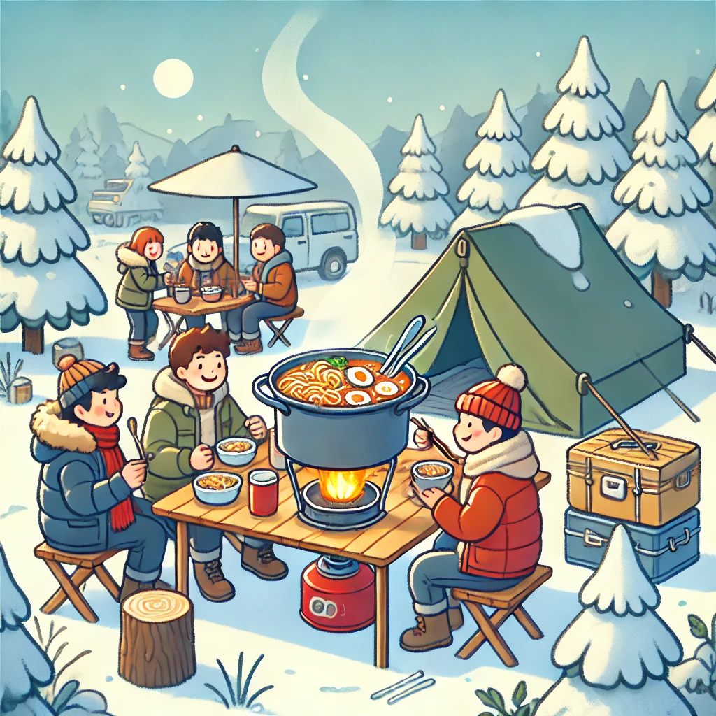 겨울철 캠핑장에서 따뜻한 국물요리를 즐기며 캠핑을 하는 모습의 사진