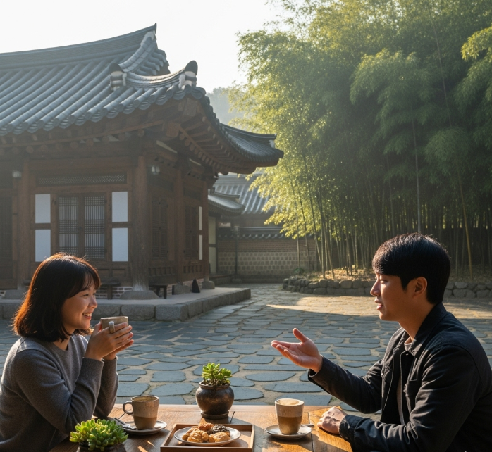 경주 맥심가옥의 조용한 마당에서 두 사람이 따뜻한 커피를 마시며 여유롭게 대화하는 모습. 배경은 고풍스러운 한옥과 푸른 대나무 숲이 어우러져 있다.