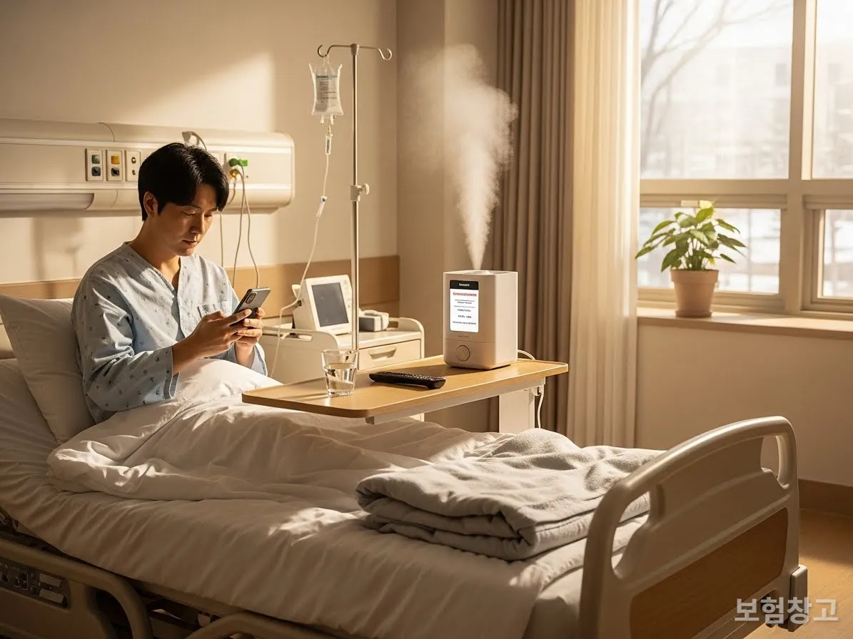 한국 병실에서 스마트폰으로 보험 합의 정보를 확인하는 환자의 모습