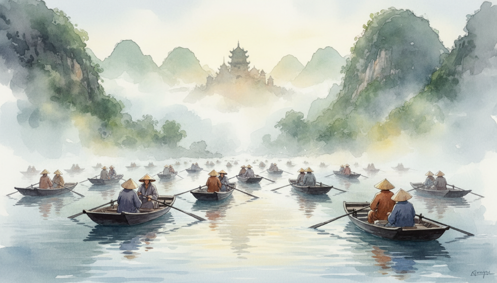 이른 아침의 물안개를 뚫고 베트남 흐엉 사원을 향해 나아가는 수많은 순례자들의 나룻배 행렬