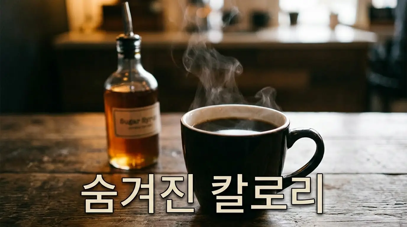 김이 모락모락 나는 블랙커피 잔 옆에 놓인 슈가 시럽 병과 '숨겨진 칼로리' 한글 텍스트