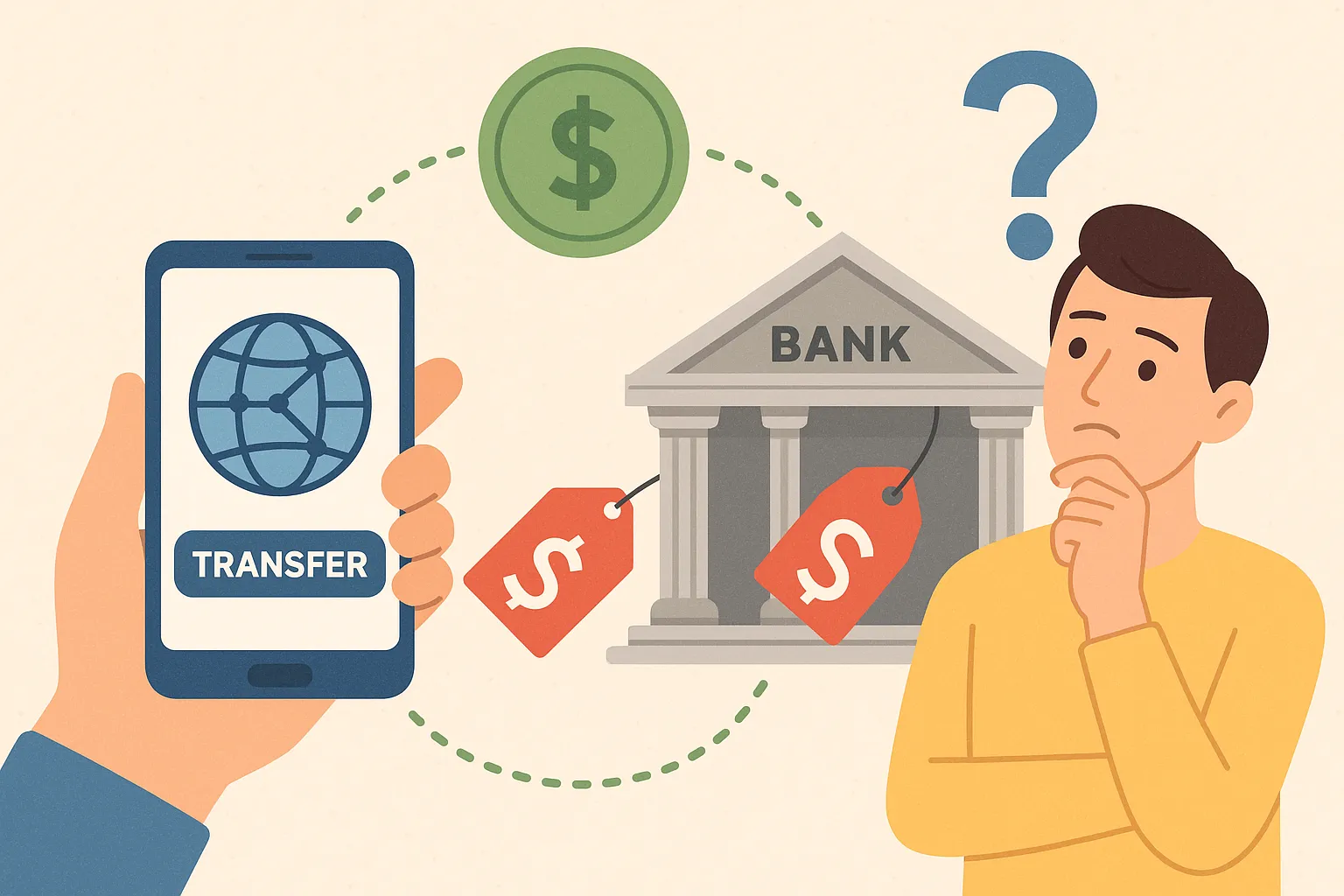 스마트폰-앱을-통해-해외송금을-하려는-남성이-은행과-앱의-수수료를-비교하며-고민하는-모습을-표현한-디지털-일러스트