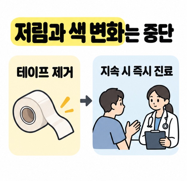 저림과 색 변화는 중단이라는 제목 아래 테이프 제거에서 증상 지속 시 즉시 진료로 이어지는 안내