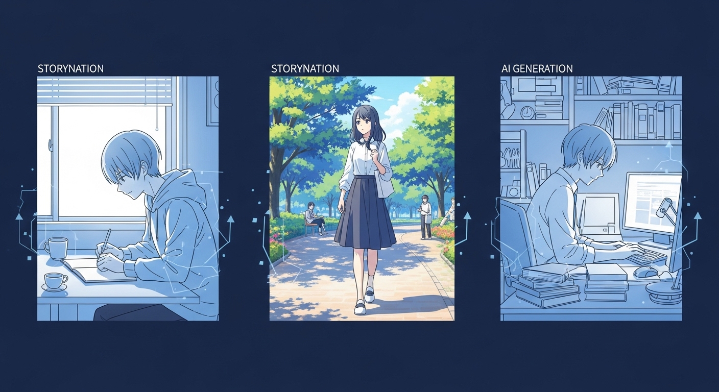 LM 아레나의 AI 이미지 생성 기능으로 만든, 일관된 캐릭터가 등장하는 여러 장면의 디지털 아트. 카페, 공원, 책상 등 다양한 배경에서 포즈를 취하고 있어 스토리텔링 콘텐츠에 유용함을 보여준다.