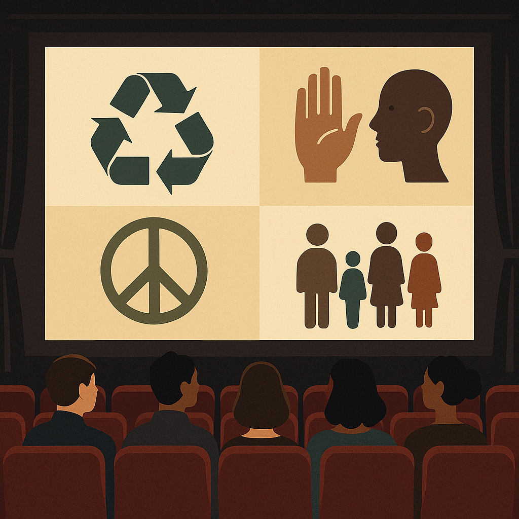 스크린에 다양한 사회적 메시지를 상징하는 장면