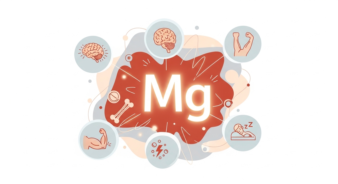 우리 몸의 필수 미네랄 마그네슘의 다양한 효능을 상징하는 밝고 현대적인 이미지. 'Mg' 기호 주변에 뇌, 뼈, 근육, 에너지, 수면 등 건강 관련 아이콘이 추상적으로 표현되어 있습니다.