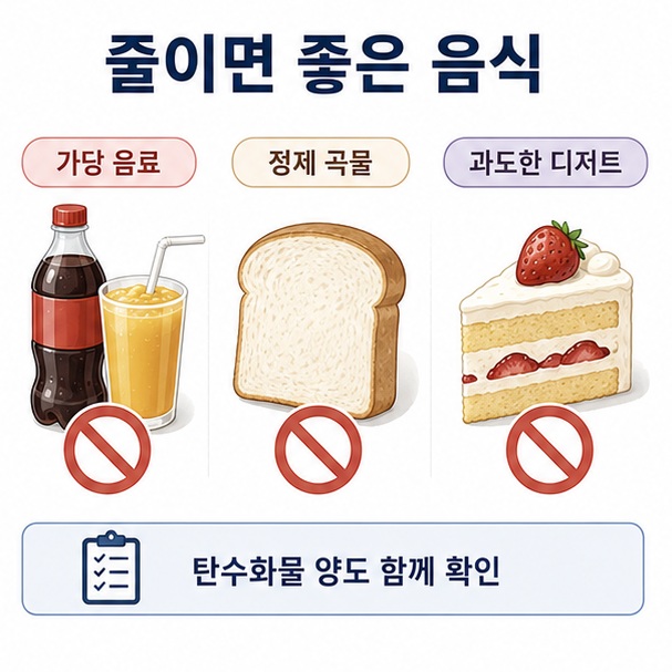 혈당 관리를 위해 가당 음료와 정제 곡물, 과도한 디저트를 줄이고 탄수화물 섭취량을 확인하는 모습을 정리한 이미지