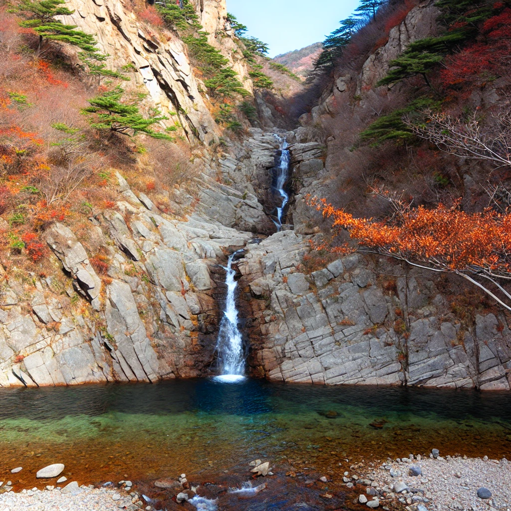 설악산의 가을 산맥과 능선&amp;#44; 붉고 노란 단풍으로 둘러싸인 고요한 강이 반영된 평화로운 풍경.