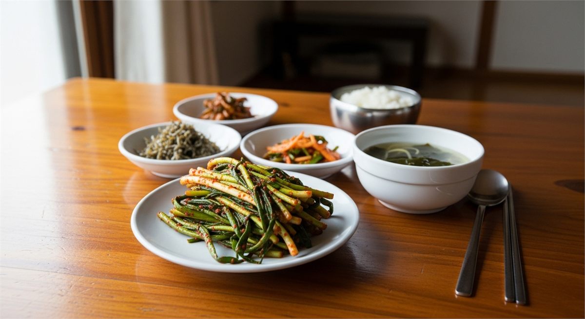 식탁 위 작은 접시에 담긴 잘 익은 파김치 모습