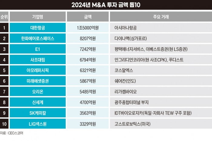 2024년 M&amp;A 투자 금액 톱10