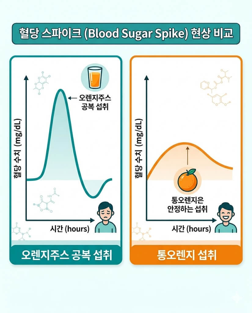 오렌지주스와 통오렌지의 혈당수치를 비교한 인포그래픽
