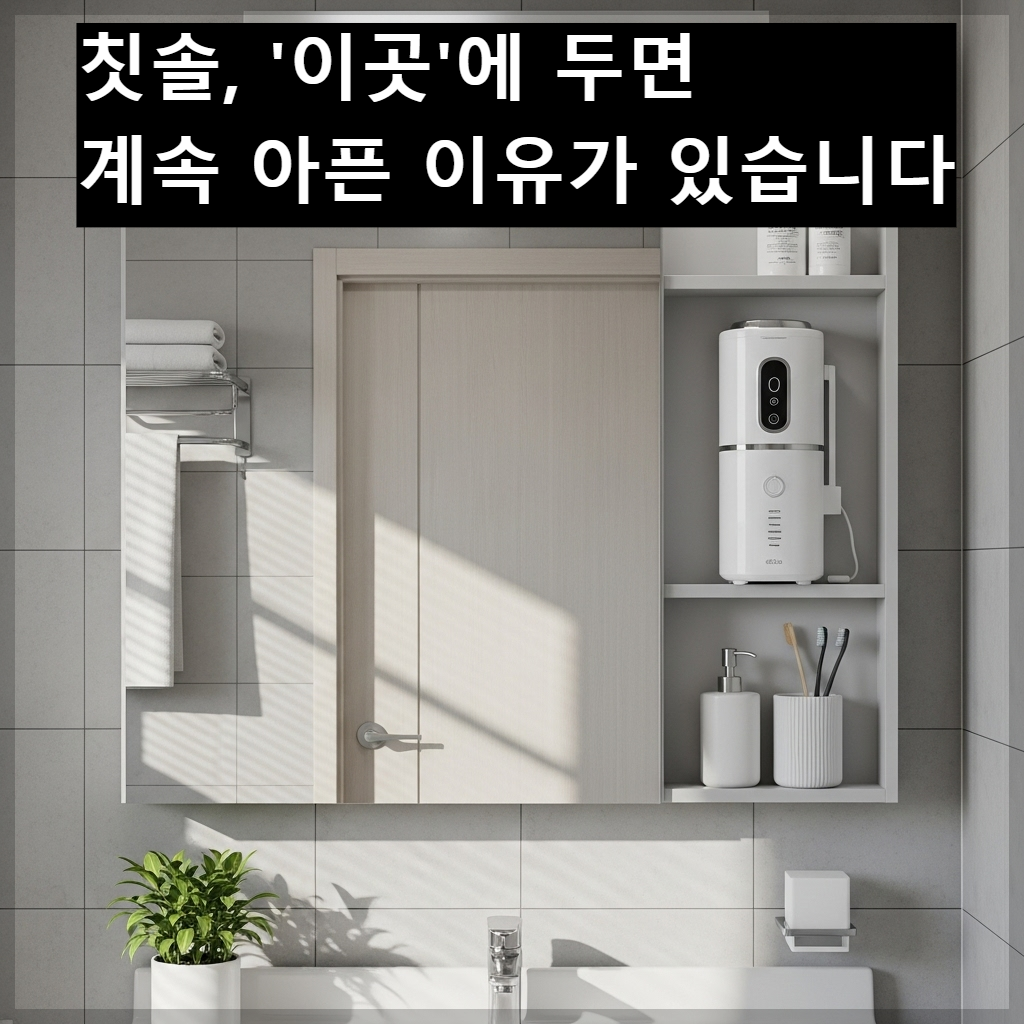 건강운을 위해 수납장 안에 설치된 현대적인 칫솔 살균기와 깔끔한 욕실 모습