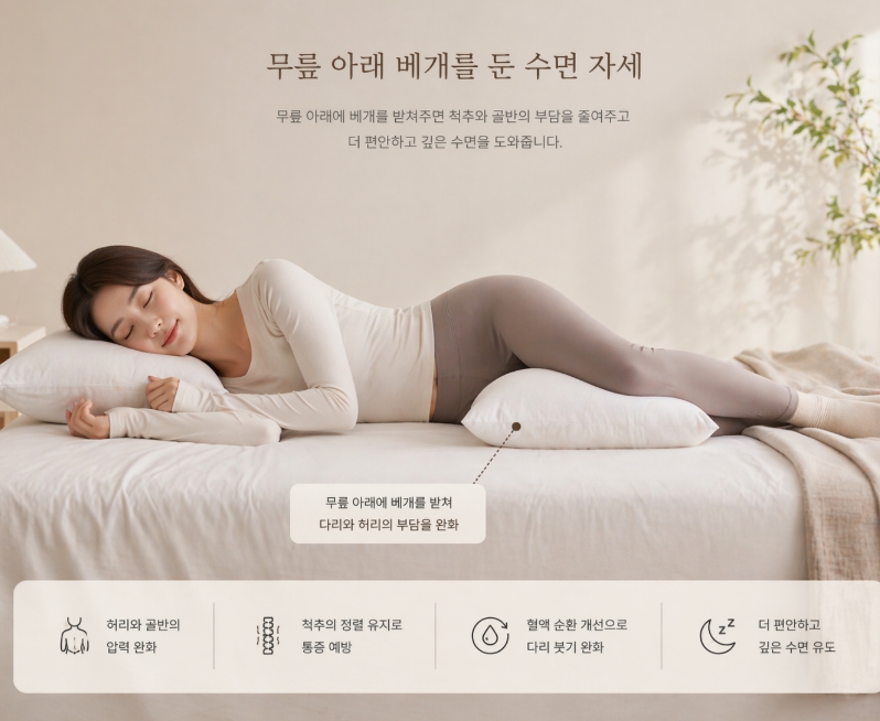 무릎 아래 베개를 둔 수면 자세