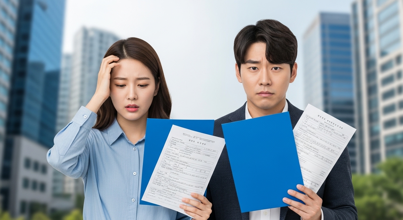 복잡한 서류들을 들고 스트레스받아 보이는 젊은 한국인 부부가 흐릿한 도시 건물들을 배경으로 서 있는 모습. 높은 주거비와 복잡한 행정 절차의 어려움을 나타냅니다.