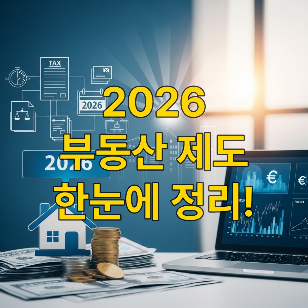 2026년 부동산 제도 변화를 상징하는 이미지로, 주택과 가상화폐, 서류 아이콘이 어우러져 자금조달계획서 강화, 다주택자 세금, 청년 주거 지원 등 주요 부동산 정책 변화를 나타냅니다.