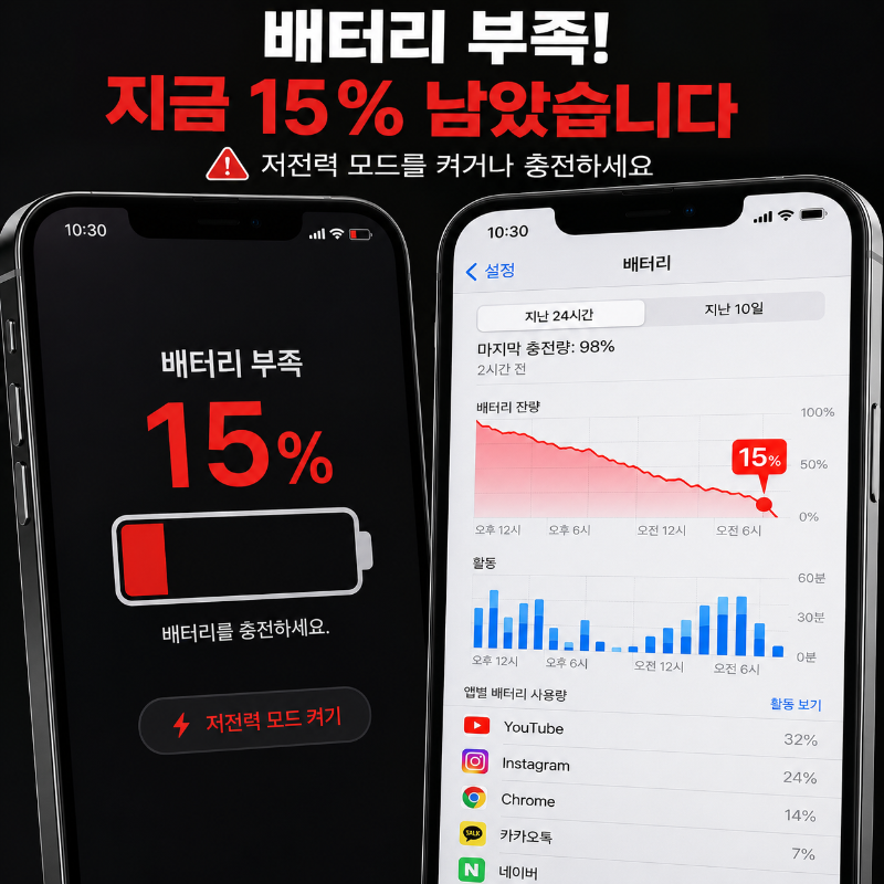 alt="스마트폰 배터리 잔량이 20% 이하로 표시된 화면과 배터리 사용량 통계 화면을 나란히 보여주는 이미지"