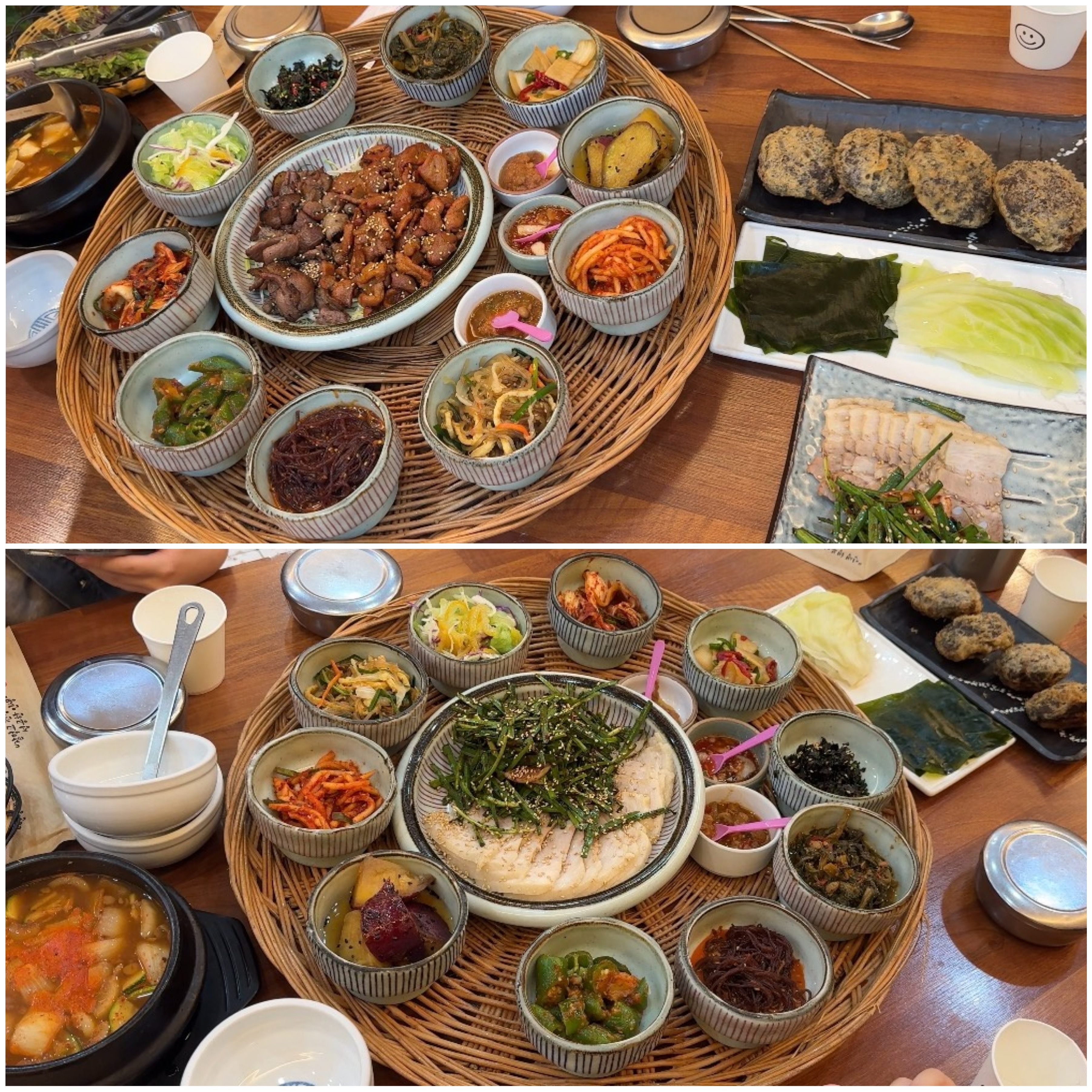 정식당의 시그니처! 커다란 대나무 채반에 나오는 한상 정식 모습입니다. 다채로운 밑반찬과 된장찌개, 표고버섯튀김까지 푸짐한 한상입니다.