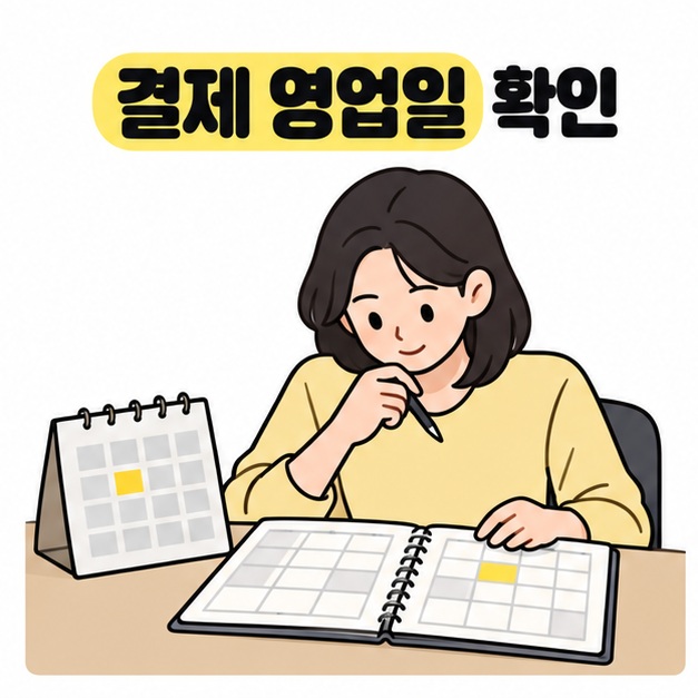 결제 영업일 확인이라는 문구 아래 여성이 탁상 달력과 펼쳐진 일정 수첩을 함께 살펴보는 모습