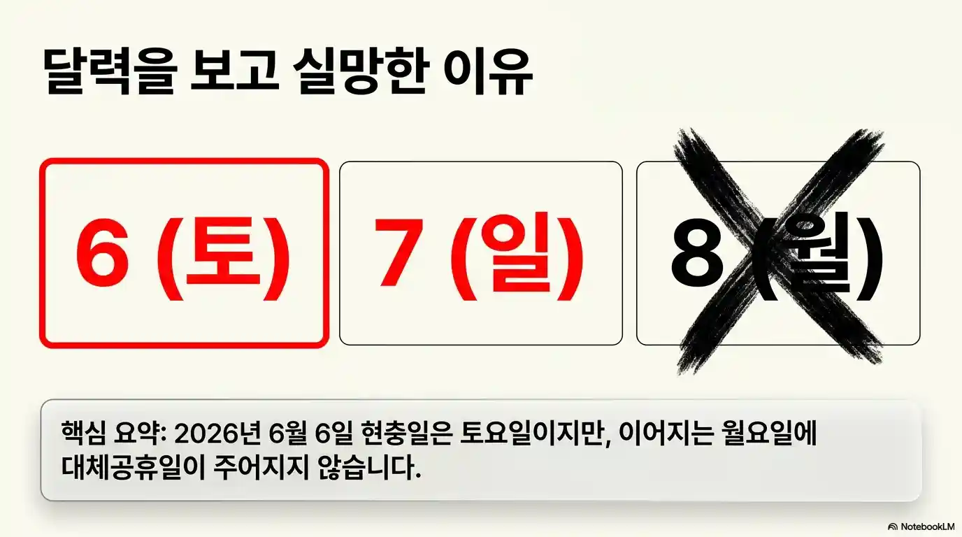 2026년 현충일 6월 6일 토요일 달력 - 8일 월요일 대체공휴일 미지정 현황