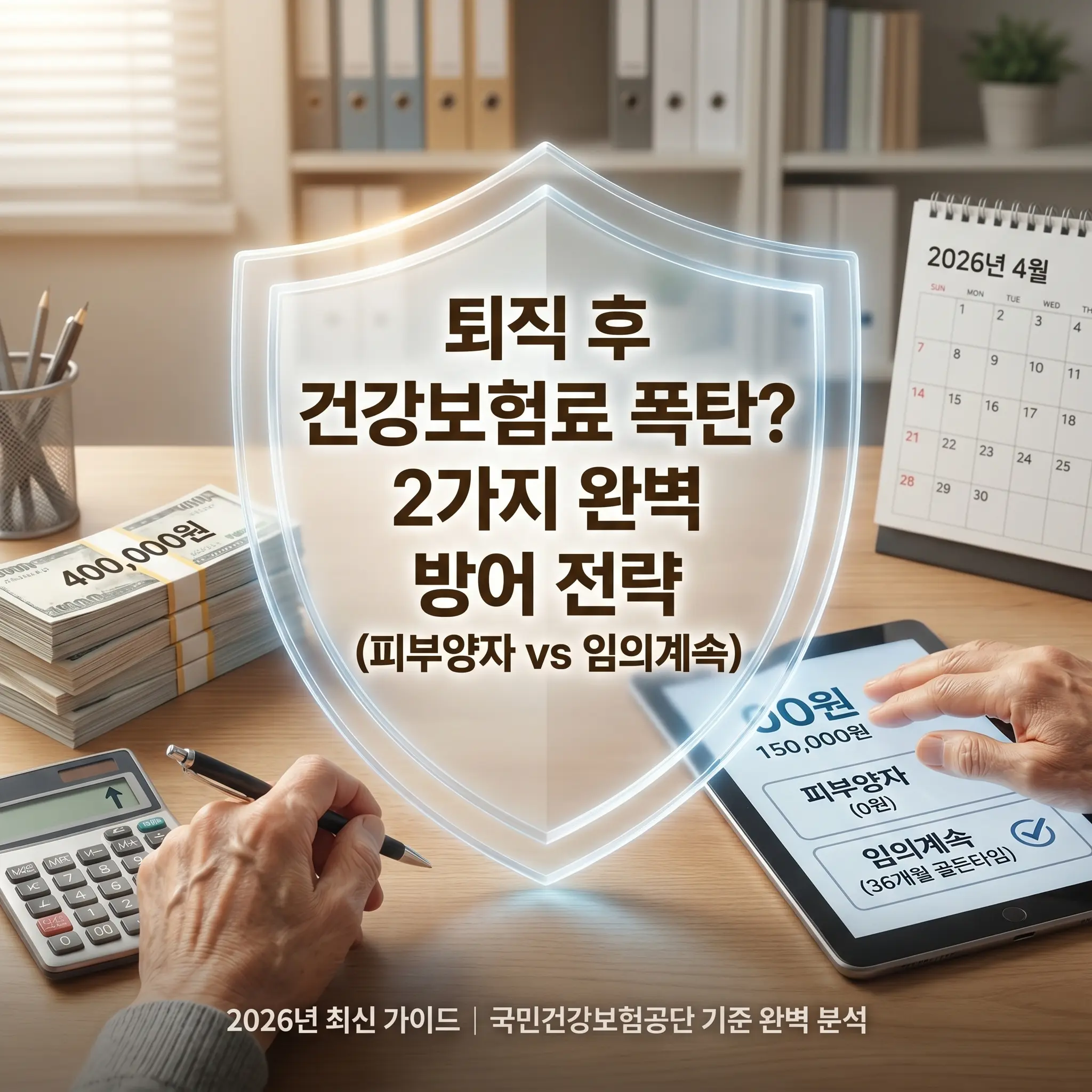 2026년 퇴직 후 건강보험료 폭탄을 막는 2가지 완벽 방어 전략(피부양자 자격 유지 vs 임의계속가입)을 보여주는 썸네일 이미지. 계산기와 돈 뭉치가 있는 책상 위에서, 방패 모양의 그래픽이 태블릿 화면(피부양자 0원, 임의계속 36개월 골든타임)을 보호하고 있는 직관적인 정보성 이미지.