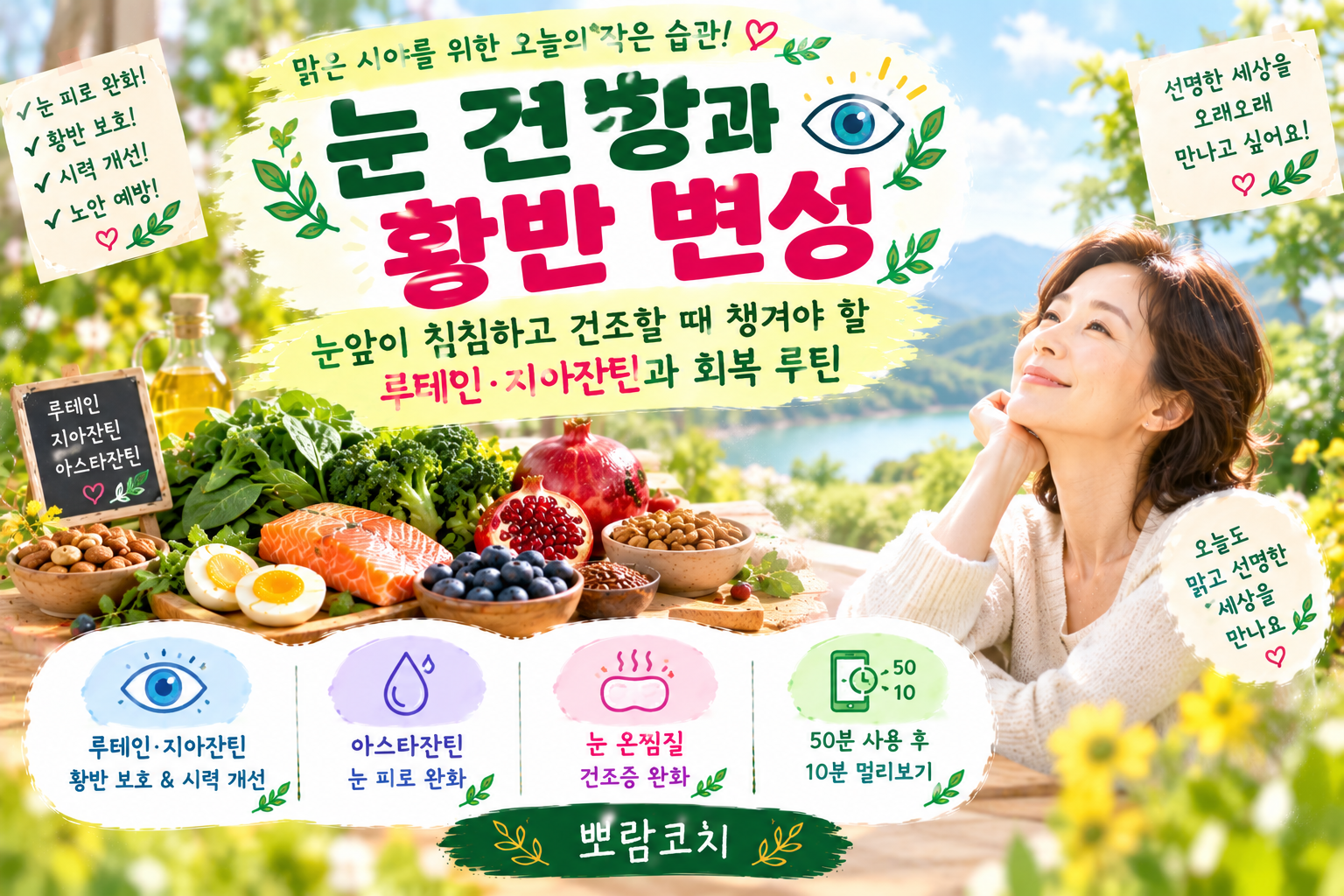 맑은 햇살 아래 푸른 자연 풍경을 먼 시선으로 바라보며 환하게 미소 짓는 모습