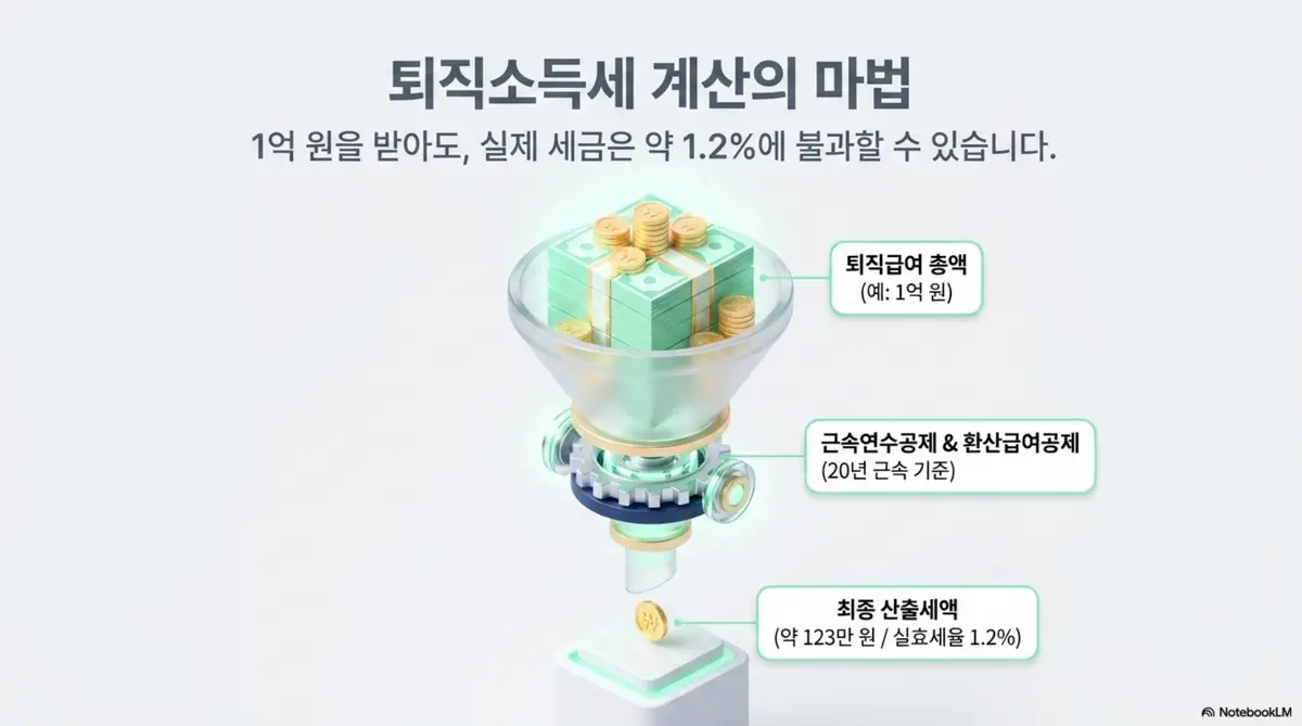 퇴직금 세금: 퇴직금 1억 원을 받아도 근속연수공제와 환산급여공제를 거치면 실제 세금은 약 123만 원으로 실효세율 1.2%에 불과하다는 퇴직소득세 계산 과정을 깔때기 그래픽으로 표현한 이미지