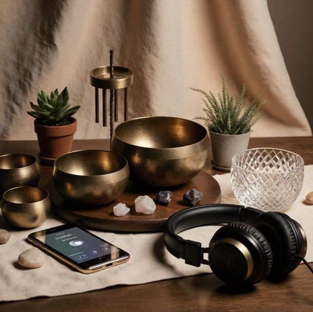 나무 테이블 위에 배치된 다양한 사운드 힐링 도구들이 놓여 있다.