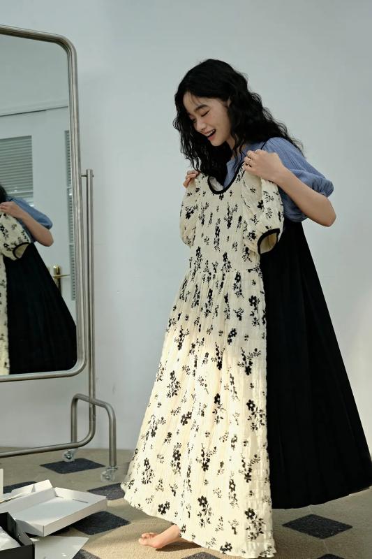 KUOSE 쿠오세 빈티지 꽃 반팔 라운드넥 미니원피스 롱원피스 퍼프소매 여신룩