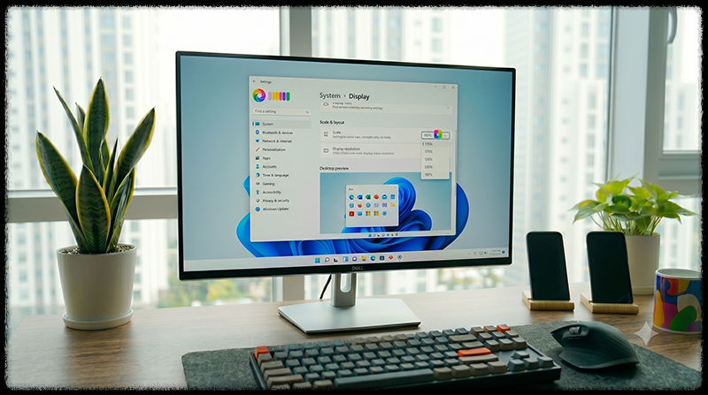 Windows 11 디스플레이 배율과 해상도를 설정하는 모습