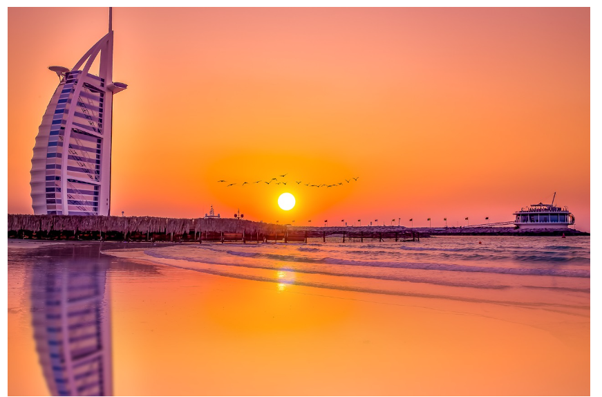 두바이 부르즈 알 아랍 호텔 해변 일몰 사진