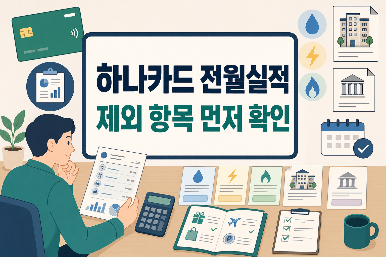 하나카드 전월실적 제외 항목을 확인할 때 세금&middot;관리비&middot;공과금이 실적 인정 대상인지 먼저 살펴보도록 정리한 썸네일 이미지