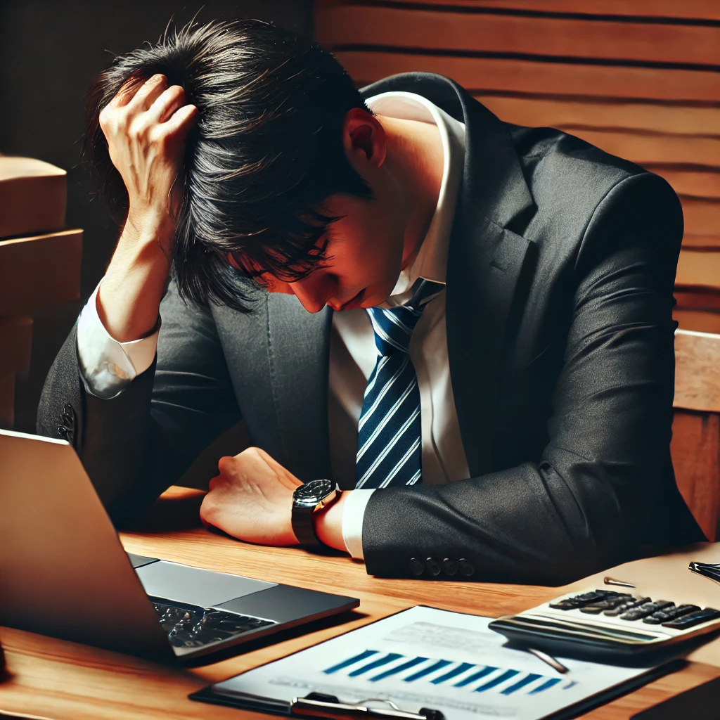 "업무 스트레스로 인해 책상에 앉아 머리를 감싸 쥔 한국 남성, 주변에는 노트북과 서류가 놓여 있는 장면"