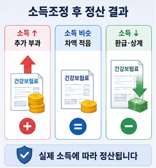 건강보험료 조정 신청 후 실제 소득에 따른 추가 부과와 환급 비교