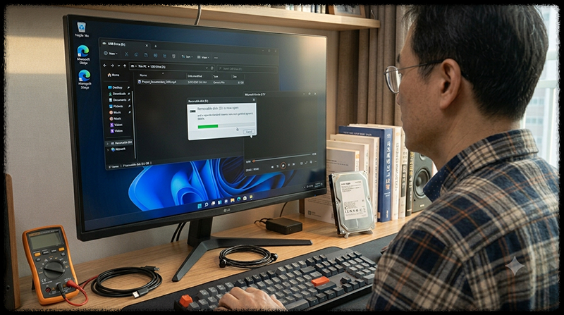 USB 포트와 쓰기 설정을 점검한 뒤 대용량 파일 복사가 정상적으로 완료된 모습